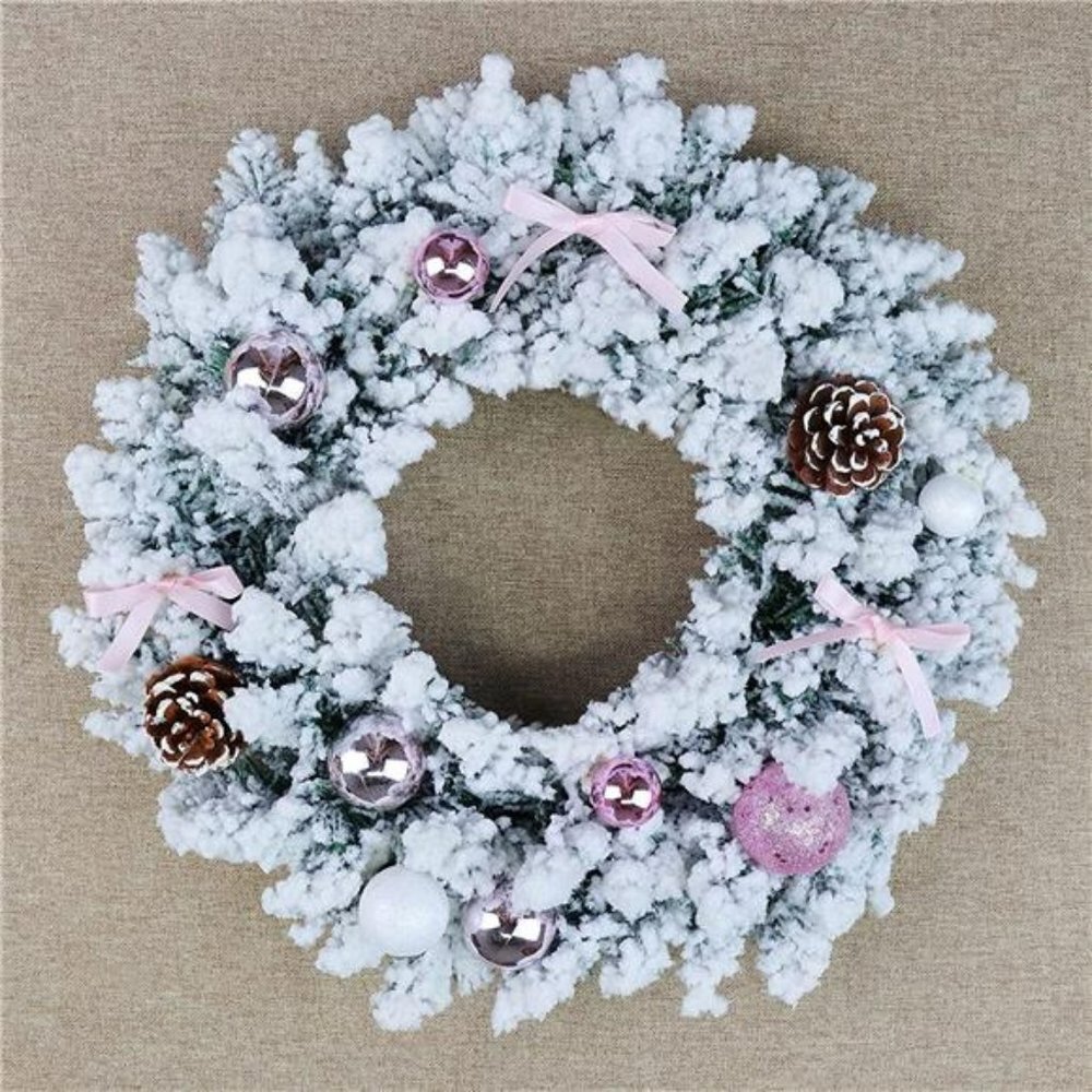 Christmas Wreath for Front Door - 18' White Christmas Wreath with Pink Ornaments